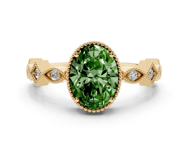 Oval Milgrain Bezel Engagement Ring Setting for a Fancy Green Lab-Grown Diamond | Yellow Gold