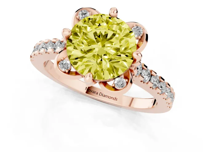 Fancy Yellow Round Cut Diamond Solitaire Ring Set in Rose gold with Pavé Band and Floral Prong Setting – second view