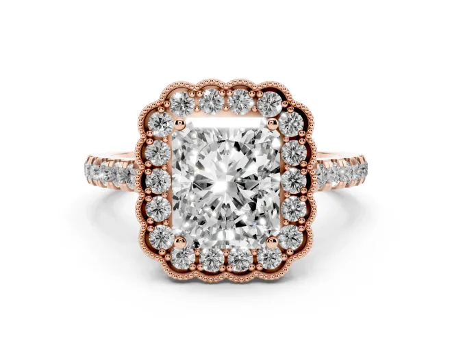 Radiant Cut Vintage Milgrain Floral Halo Engagement Ring Setting | Pavé Band | Rose Gold