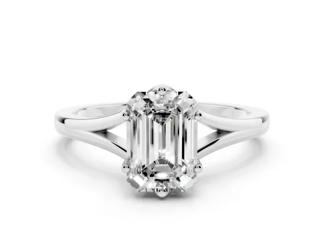 Emerald Cut Diamond Solitaire Ring Set in Platinum with Polished Tapered Band and Prong Setting