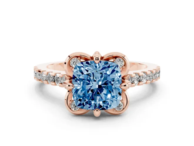 Cushion Cut Floral Petal Engagement Ring Setting for a Fancy Blue Lab-Grown Diamond | Petal Accents | Rose Gold
