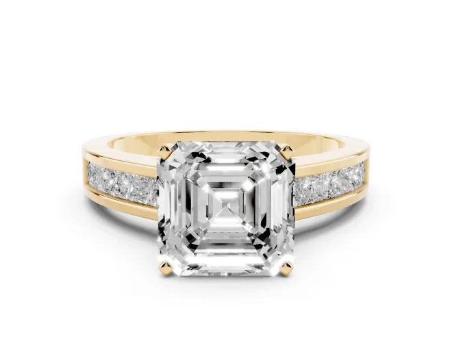 Asscher Cut Channel Set Engagement Ring Setting | Princess Cut Accents | Yellow Gold