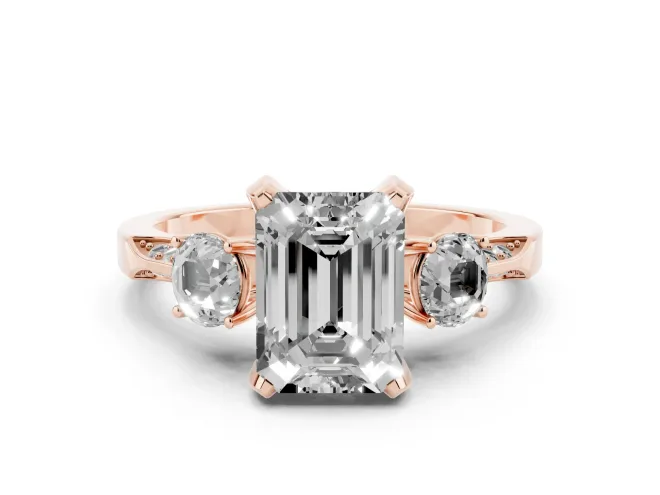 Emerald Cut Hidden Halo Three Stone Engagement Ring Setting for a Fancy Yellow Lab-Grown Diamond | Rose Gold