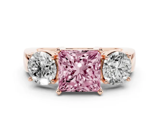 Princess Cut Three Stone Engagement Ring Setting for a Fancy Pink Lab-Grown Diamond | Wide Plain Band | Rose Gold