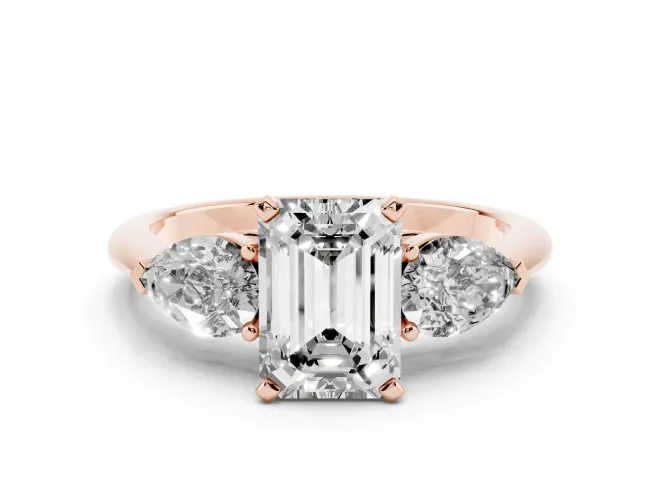 Emerald Cut Three-Stone Engagement Ring Setting | Pear Side Stones | Rose Gold