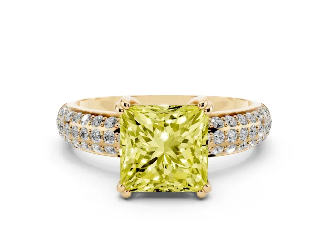 Princess Cut Three Row Pavé Engagement Ring Setting for a Fancy Yellow Lab-Grown Diamond | Double Claws | Yellow Gold