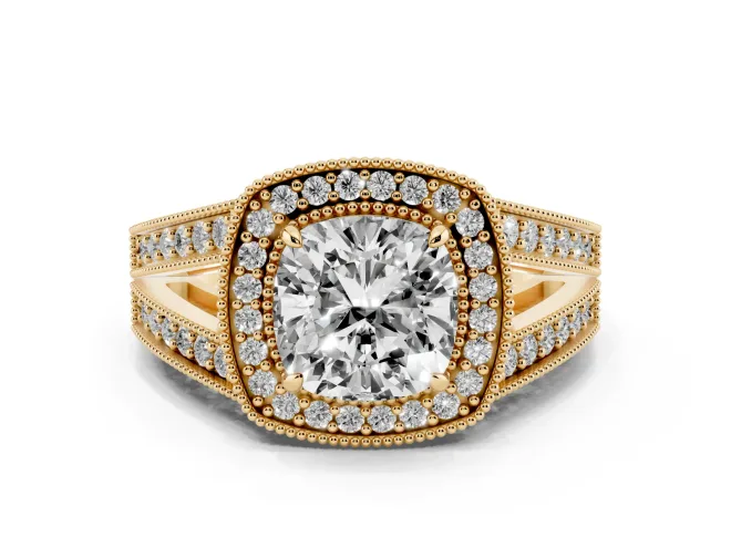 Cushion Cut Diamond Halo Ring Set in Yellow gold with Stone-Set Split Shank and Milgrain Edges