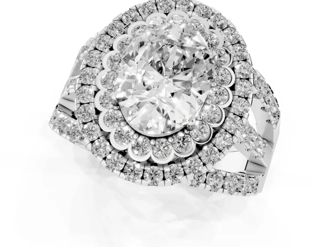 Oval Cut Diamond Double Halo Ring Set in White gold with Round Pavé Split Shank – second view
