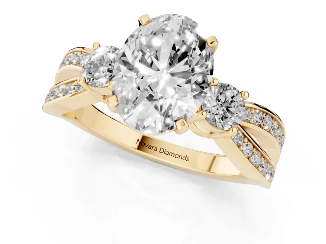 Three-Stone Oval Cut Diamond Twist Band Ring Set in Yellow gold with Pavé Accents and Prong Setting – second view