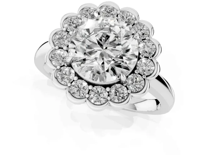Round Cut Diamond Halo Cluster Engagement Ring Set in Silver with Solitaire Band and Prong Setting – second view