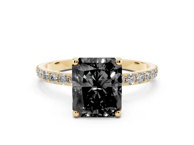 Fancy Black Radiant Cut Diamond Solitaire Ring Set in Yellow gold with Round Pavé Band and Prong Setting