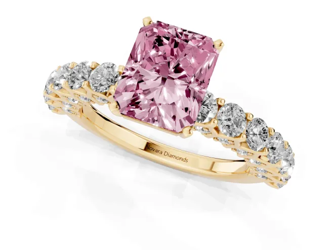 Fancy Pink Radiant Cut Diamond Solitaire Ring Set in Yellow gold with Shared Prong Pavé Band – second view