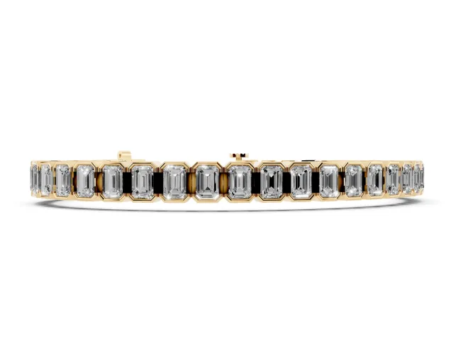 Emerald Cut Lab-Grown Diamond Bezel Tennis Bracelet | Grooved Hinge Links | Yellow Gold