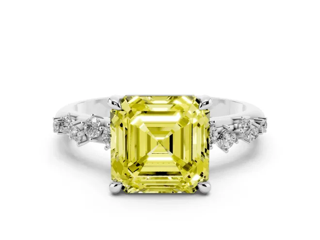 Fancy Yellow Asscher Cut Diamond Solitaire Vine Band Ring Set in Platinum with Round Accents and Prong Setting