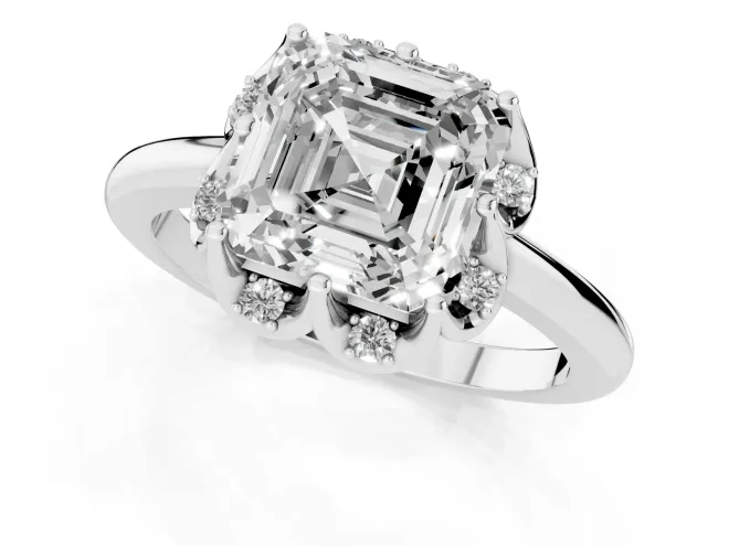 Asscher Cut Diamond Round Cluster Halo Ring Set in Platinum with Solitaire Band and Prong Setting – second view