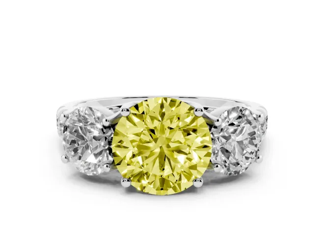 Fancy Yellow Round Cut Diamond Three-Stone Ring Set in Silver with Pavé Band