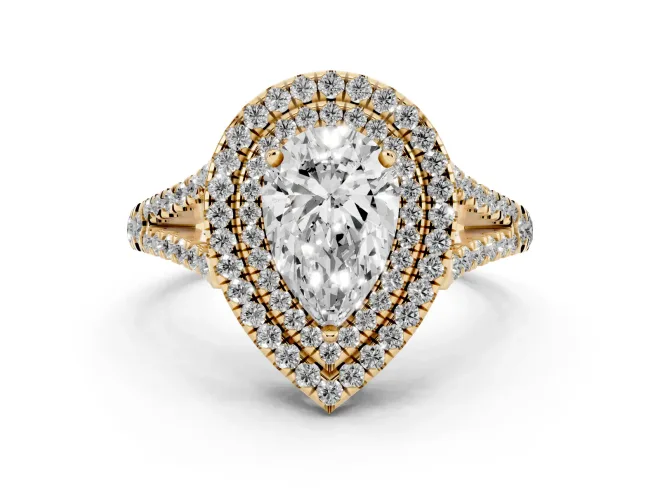 Pear Cut Diamond Double Halo Ring Set in Yellow gold with Pavé Band