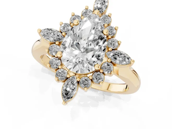 Pear Cut Diamond Cluster Halo Ring Set in Yellow gold with Marquise and Round Accents – second view