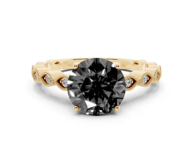 Fancy Black Round Cut Diamond Solitaire Ring Set in Yellow gold with Infinity Twist Pavé Band