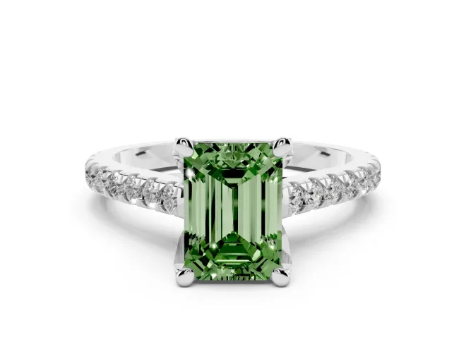 Emerald Cut Hidden Halo Pavé Engagement Ring Setting for a Fancy Green Lab-Grown Diamond | Claw Prongs | Platinum
