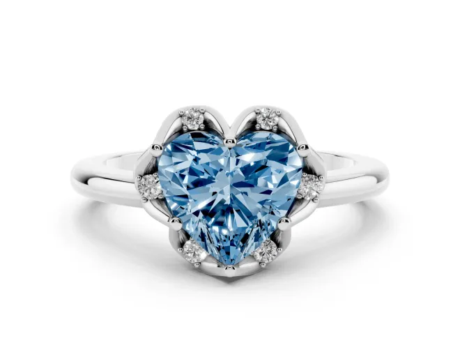 Fancy Blue Heart Cut Diamond Round Cluster Halo Ring Set in Platinum with Solitaire Band and Prong Setting