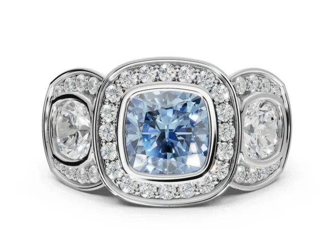 Cushion Cut Three Stone Halo Engagement Ring Setting for a Fancy Blue Lab-Grown Diamond | Bezel Set | Sterling Silver