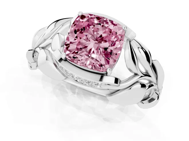 Fancy Pink Cushion Cut Diamond Leaf-Inspired Engagement Ring Set in Silver with Round Accents – second view