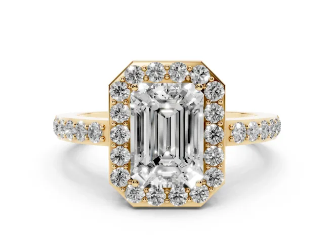 Emerald Cut Diamond Halo Ring Set in Yellow gold with Pavé-Setting Band and Open Prong Center