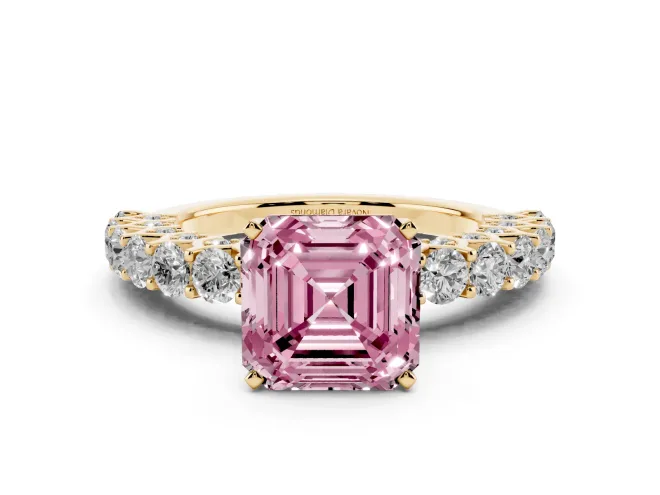 Asscher Cut Shared Prong Engagement Ring Setting for a Fancy Pink Lab-Grown Diamond | Yellow Gold