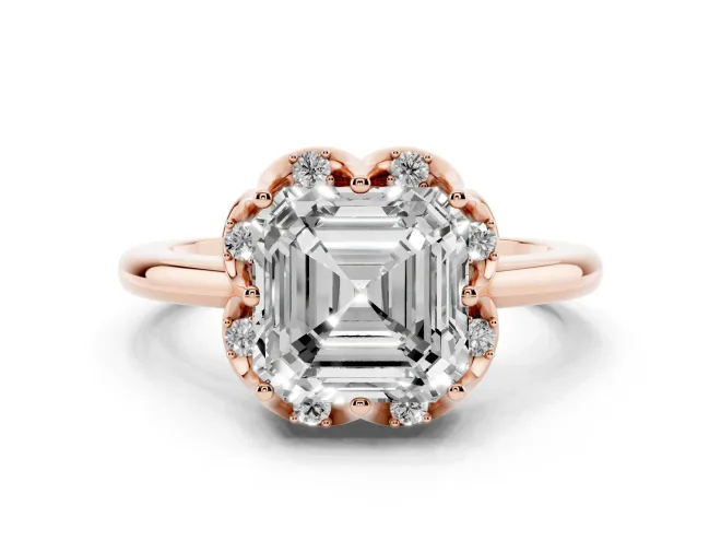 Asscher Cut Diamond Round Cluster Halo Ring Set in Rose gold with Solitaire Band and Prong Setting