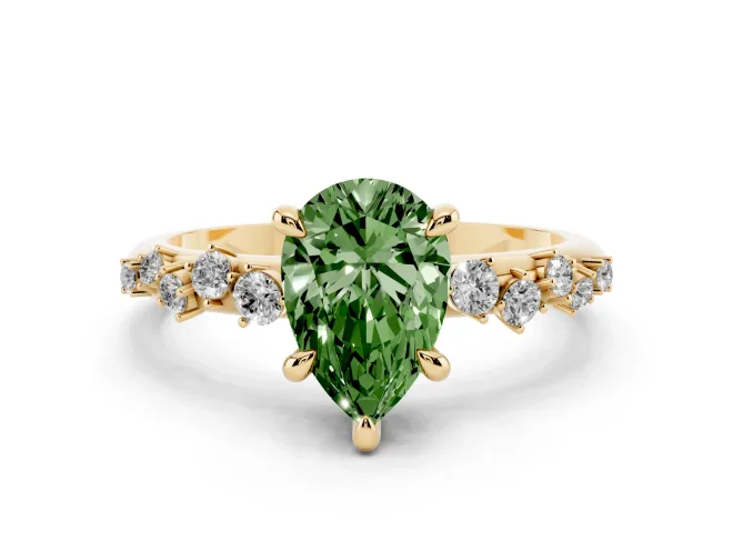 Fancy Green Pear Cut Diamond Solitaire Vine Band Ring Set in Yellow gold with Round Accents and Prong Setting
