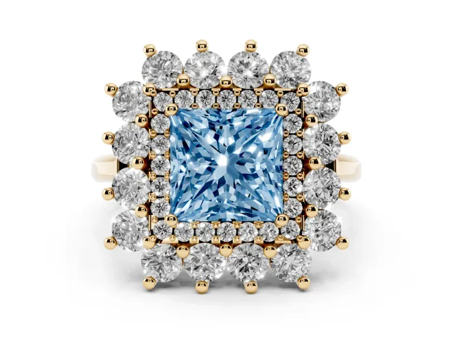 Princess Cut Floral Double Halo Engagement Ring Setting for a Fancy Blue Lab-Grown Diamond | Plain Band | Yellow Gold