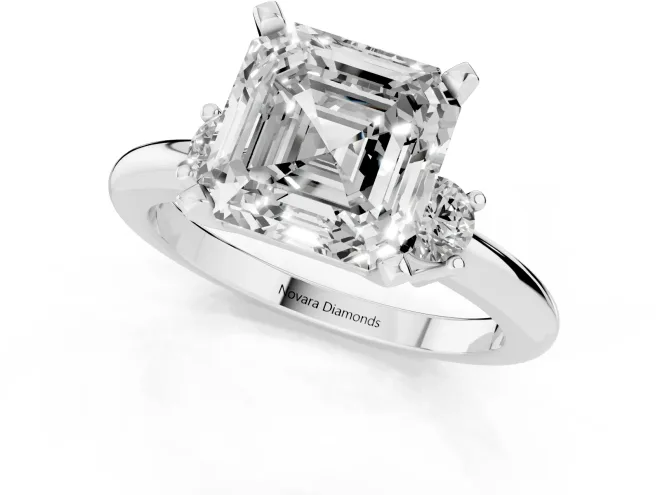 Three-Stone Asscher Cut Diamond Ring Set in White gold with Prong Setting and Plain Band – second view
