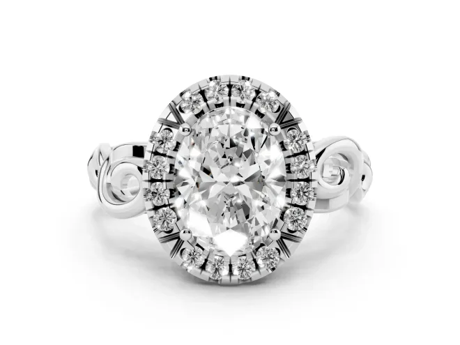 Oval Cut Diamond Halo Ring Set in Silver with Scrollwork Band and Prong Setting