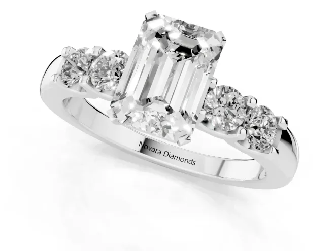 Emerald Cut Diamond Five-Stone Prong Set Engagement Ring Set in White gold with Channel Band – second view