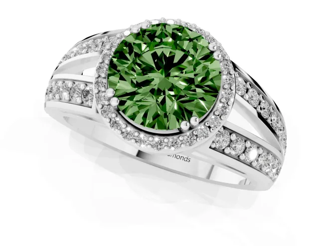 Fancy Green Round Cut Diamond Halo Ring Set in White gold with Double Pavé Split Shank – second view