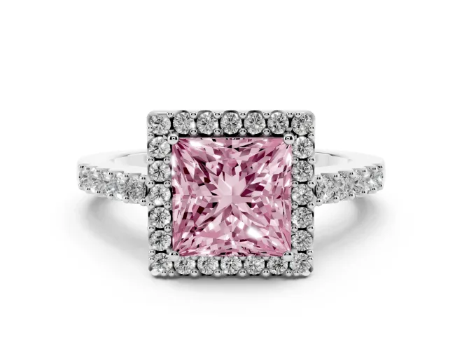 Princess Cut Halo Engagement Ring Setting for a Fancy Pink Lab-Grown Diamond | Single Row Pavé Band | White Gold