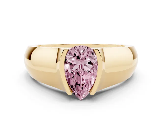 Fancy Pink Pear Cut Diamond Bezel Solitaire Ring Set in Yellow gold with Wide Band