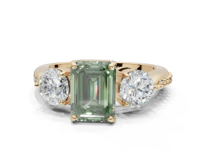 Emerald Cut Three Stone Engagement Ring Setting for a Fancy Green Lab-Grown Diamond | Tapered Pavé Band | Yellow Gold