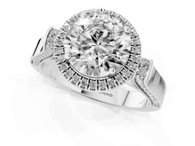 Round Cut Diamond Halo Ring Set in White gold with Pavé-Lined Split Shank Band – second view