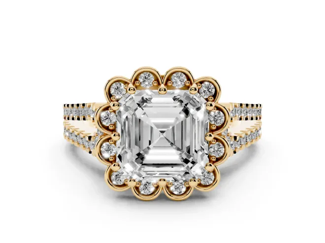 Asscher Cut Petal Frame Floral Halo Engagement Ring Setting | Pavé Split Shank | Yellow Gold