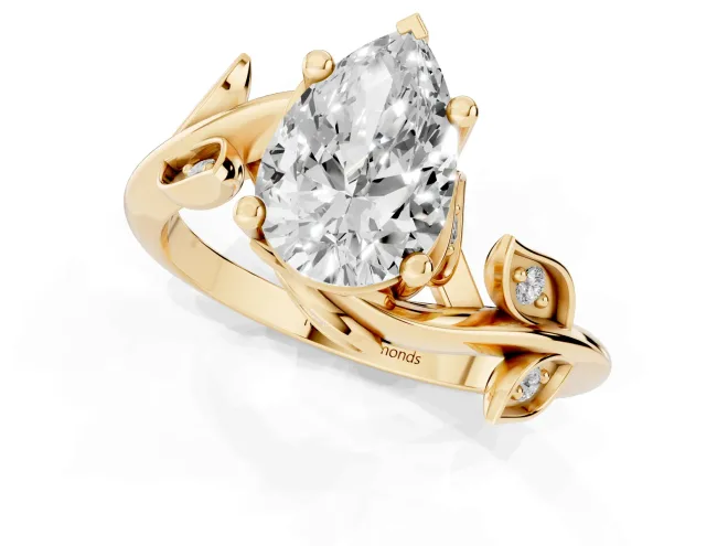 Pear Cut Diamond Solitaire Twist Engagement Ring Set in Yellow gold with Pavé Leaf Accents – second view
