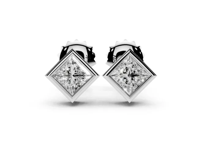 Princess Cut Lab-Grown Diamond Square Bezel Stud Earrings | Stepped Rim | White Gold