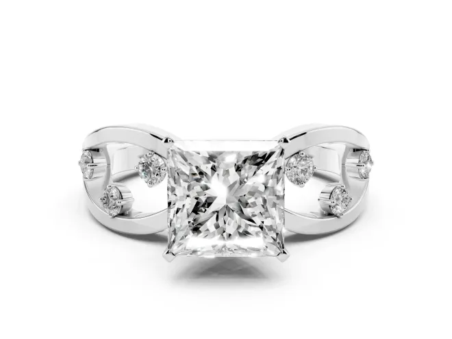 Princess Cut Diamond Solitaire Ring Set in White gold with Side Stones on Criss-Cross Band and Prong Setting