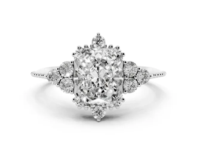 Radiant Cut Vintage Cluster Engagement Ring Setting | Beaded Edges | White Gold