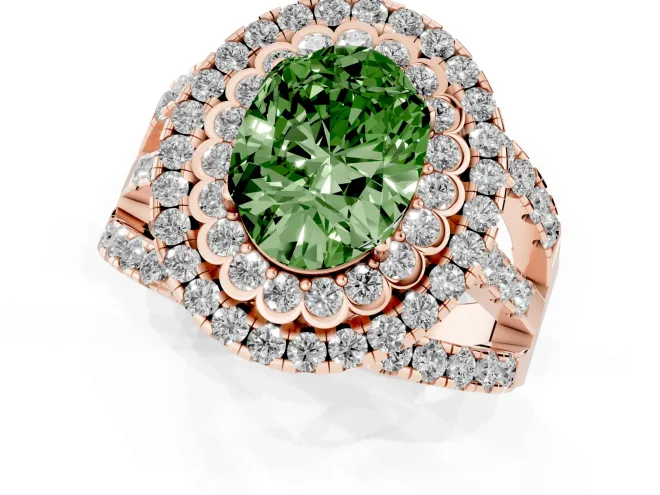 Fancy Green Oval Cut Diamond Double Halo Ring Set in Rose gold with Round Pavé Split Shank – second view