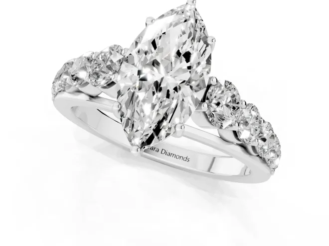 Marquise Cut Diamond Solitaire Ring Set in Platinum with Pavé-Set Band and Prong Setting – second view