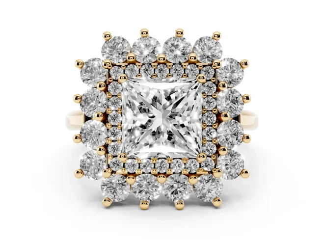 Princess Cut Diamond Floral Double Halo Ring Set in Yellow gold with Round Petals