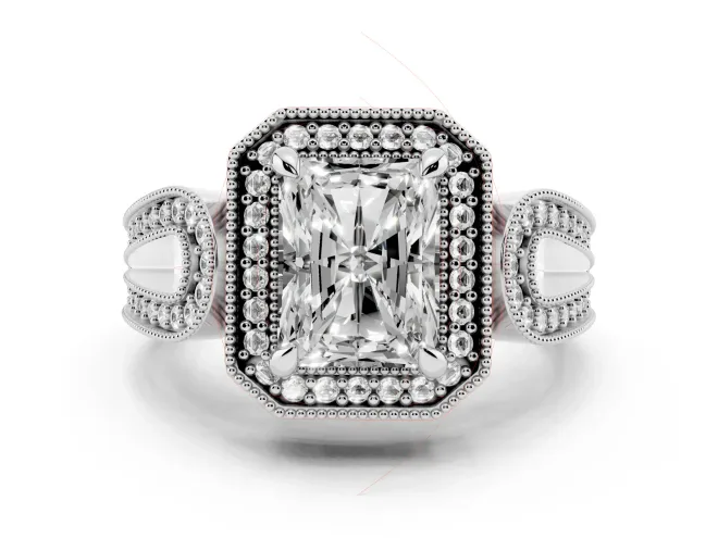 Radiant Cut Diamond Halo Ring Set in Platinum with Milgrain Accent Split Shank