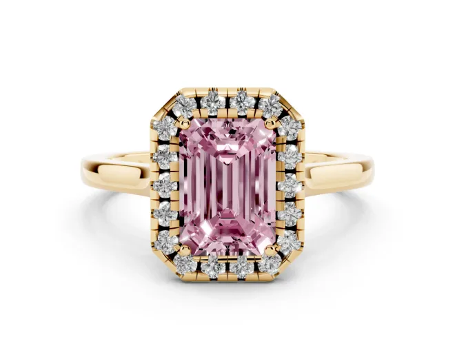 Fancy Pink Emerald Cut Halo Round Diamond Solitaire Ring Set in Yellow gold with Pavé Band and Prong Setting